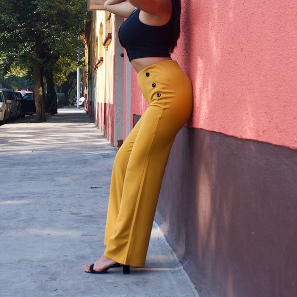 High-Waistef Mustard Yellow Pants - Picture 3 of 4
